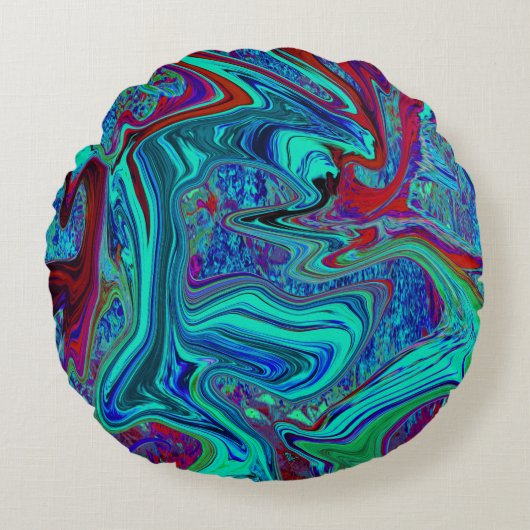 Groovy抽象芸術レトロアートin青と赤 ラウンドクッション (正面)