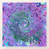 Groovy抽象芸術レトログリーンとパープルスワール ガラスコースター (正面)