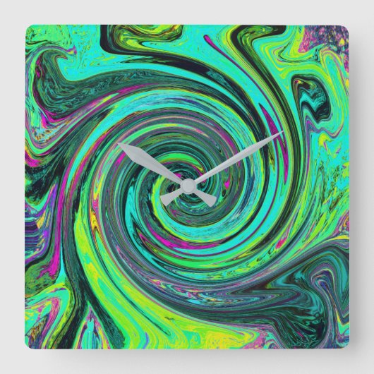 Groovy抽象芸術レトログリーンとマゼンタスワール スクエア壁時計 (正面)