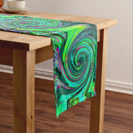 Groovy抽象芸術レトログリーンとマゼンタスワール ロングテーブルランナー
