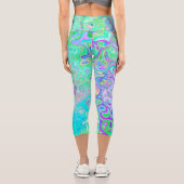 Groovy抽象芸術レトロピンクと緑の渦 カプリレギンス (裏面)