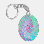 Groovy抽象芸術レトロピンクと緑の渦 キーホルダー (正面左)
