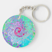 Groovy抽象芸術レトロピンクと緑の渦 キーホルダー (裏面)