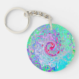 Groovy抽象芸術レトロピンクと緑の渦 キーホルダー