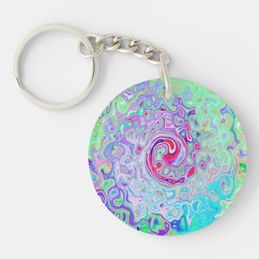 Groovy抽象芸術レトロピンクと緑の渦 キーホルダー (正面)