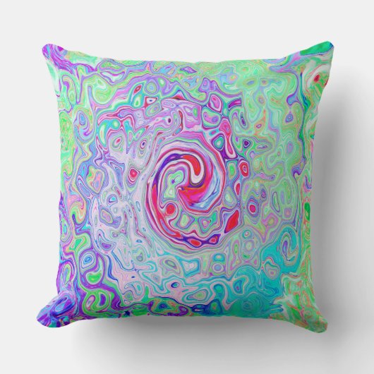 Groovy抽象芸術レトロピンクと緑の渦 クッション (正面)