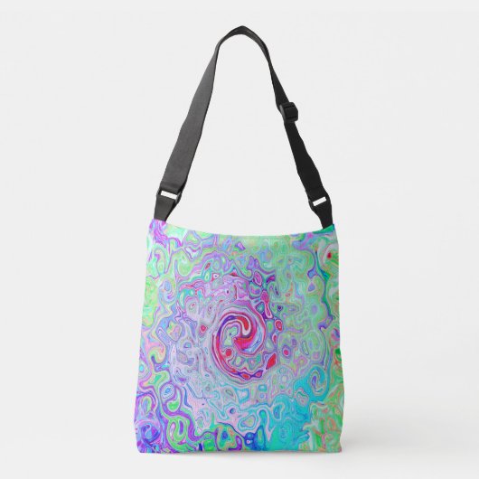Groovy抽象芸術レトロピンクと緑の渦 クロスボディバッグ (正面)