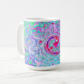 Groovy抽象芸術レトロピンクと緑の渦 コーヒーマグカップ (正面左)