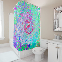 Groovy抽象芸術レトロピンクと緑の渦 シャワーカーテン