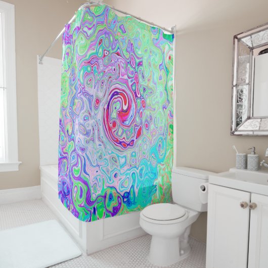 Groovy抽象芸術レトロピンクと緑の渦 シャワーカーテン (インサイチュ)