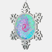 Groovy抽象芸術レトロピンクと緑の渦 スノーフレークピューターオーナメント (右)