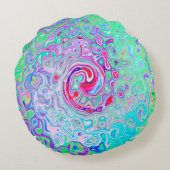 Groovy抽象芸術レトロピンクと緑の渦 ラウンドクッション (裏面)