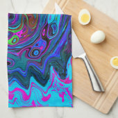Groovy抽象芸術レトロブルーとパープルスワール キッチンタオル (四つ折り)