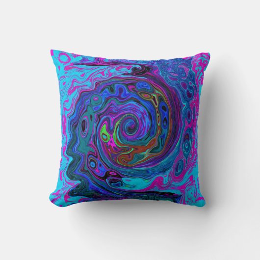 Groovy抽象芸術レトロブルーとパープルスワール クッション (正面)