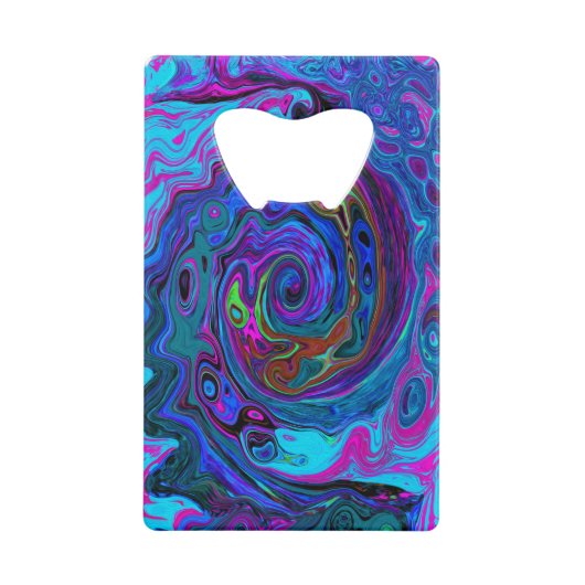 Groovy抽象芸術レトロブルーとパープルスワール クレジットカード栓抜き (正面)