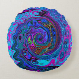 Groovy抽象芸術レトロブルーとパープルスワール ラウンドクッション
