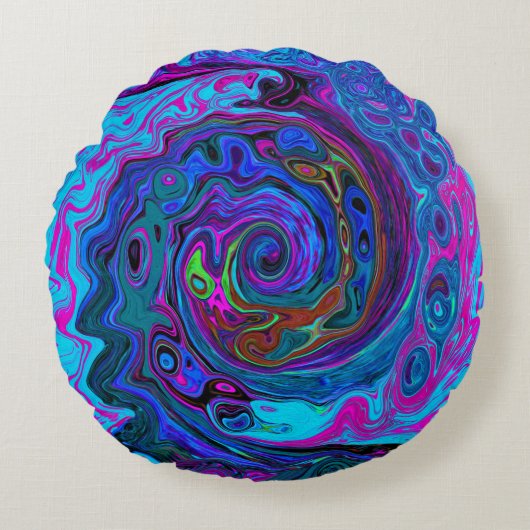 Groovy抽象芸術レトロブルーとパープルスワール ラウンドクッション (正面)