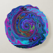 Groovy抽象芸術レトロブルーとパープルスワール ラウンドクッション (裏面)