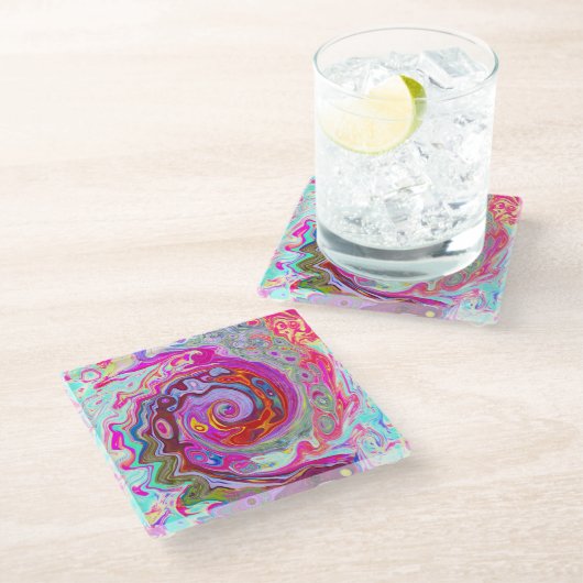 Groovy抽象芸術レトロホットピンクとブルースワール ガラスコースター (アングル)