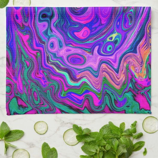 Groovy抽象芸術レトロマゼンタと紫スワール キッチンタオル (折り畳み)