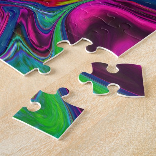 Groovy抽象芸術レトロマゼンタダークレインボースワール ジグソーパズル (側面)