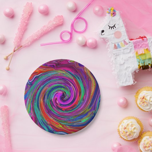 Groovy抽象芸術レトロマゼンタダークレインボースワール ペーパープレート (パーティー)