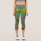 Groovy抽象芸術レトロライムグリーンとブルースワール カプリレギンス (正面)