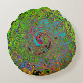 Groovy抽象芸術レトロライムグリーンとブルースワール ラウンドクッション (裏面)