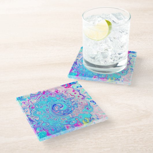 Groovy抽象芸術レトロロビンズエッグブルースワール ガラスコースター (アングル)