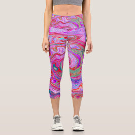 Groovy抽象芸術レトロ赤、紫、ピンクの渦巻き カプリレギンス