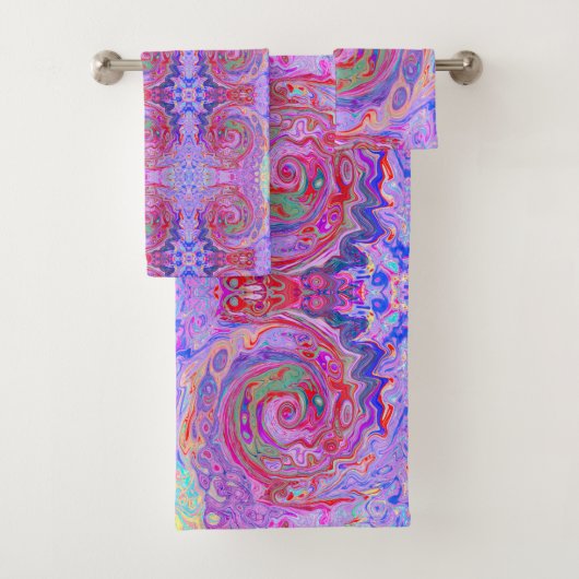 Groovy抽象芸術レトロ赤、紫、ピンクの渦巻き バスタオルセット (インサイチュ)