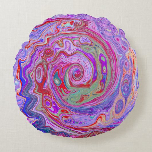 Groovy抽象芸術レトロ赤、紫、ピンクの渦巻き ラウンドクッション (正面)