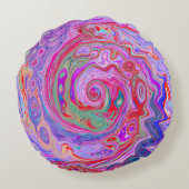Groovy抽象芸術レトロ赤、紫、ピンクの渦巻き ラウンドクッション (裏面)