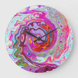Groovy抽象芸術レトロHot Pink and Blue Swirl ラージ壁時計