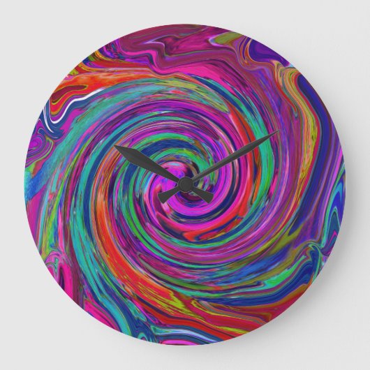 Groovy抽象芸術レトロMagenta Dark Rainbow Swirl ラージ壁時計 (正面)