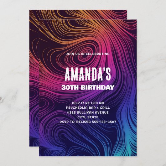 Groovy抽象芸術旋回と円のクール誕生日 招待状 (正面/裏面)