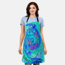 Groovy抽象芸術海ブルーとグリーン液体スワール エプロン