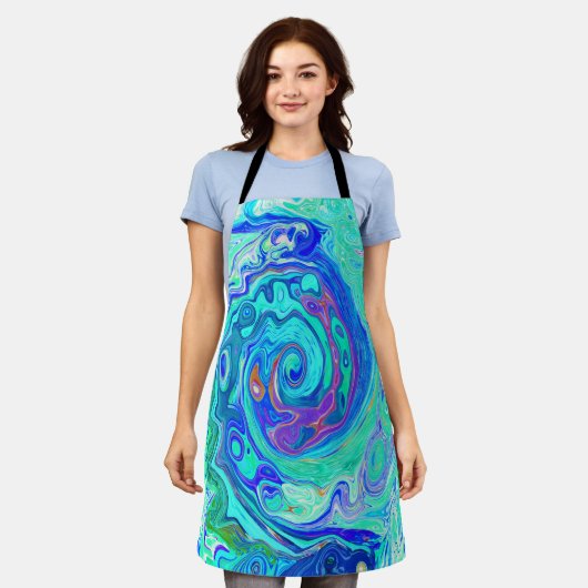 Groovy抽象芸術海ブルーとグリーン液体スワール エプロン (着用した状態)