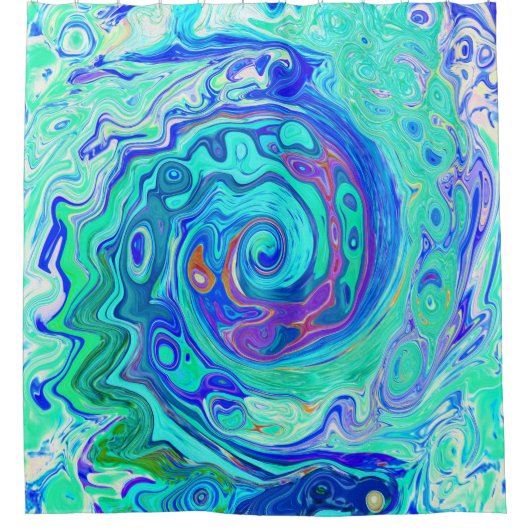 Groovy抽象芸術海ブルーとグリーン液体スワール シャワーカーテン (正面)