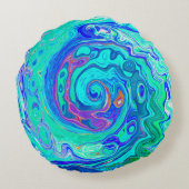 Groovy抽象芸術海ブルーとグリーン液体スワール ラウンドクッション (裏面)