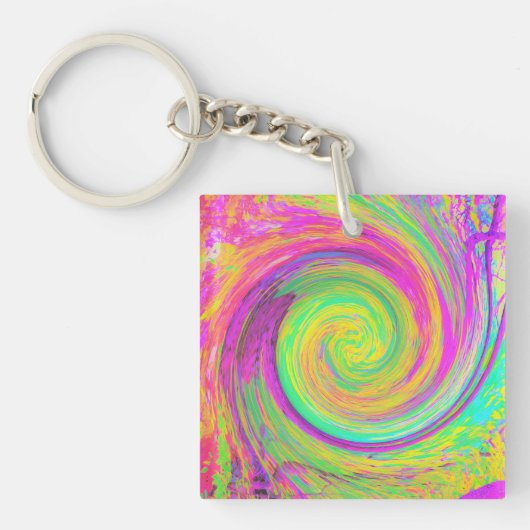 Groovy抽象芸術紫と黄色の液体スワール キーホルダー (正面)