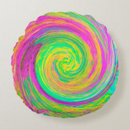 Groovy抽象芸術紫と黄色の液体スワール ラウンドクッション