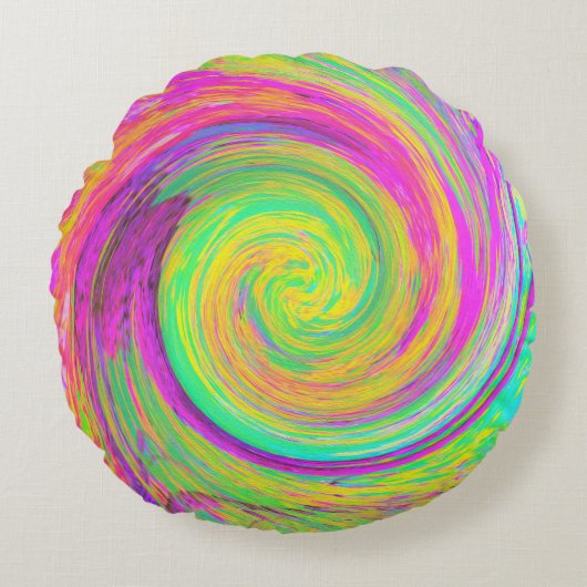 Groovy抽象芸術紫と黄色の液体スワール ラウンドクッション (正面)
