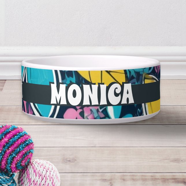 Groovy明るいヒッピーレトロフラワーカクールット ボウル (A cute personalized food/water bowl with 'Cool Cat' words on the sides, with groovy colorful pattern)