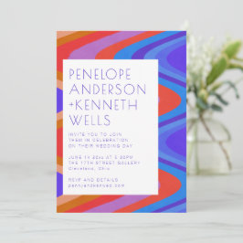 Groovy曲線ラインユニークレトロブルーレ結婚ッド 招待状