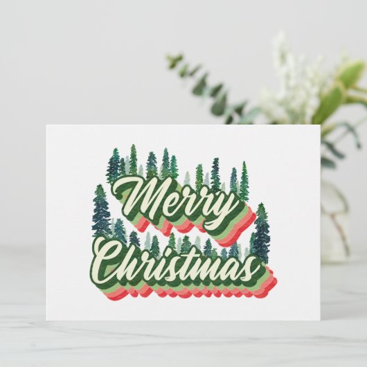 Groovy松の木の風景レトロ写真クリスマス シーズンカード (スタンド正面)