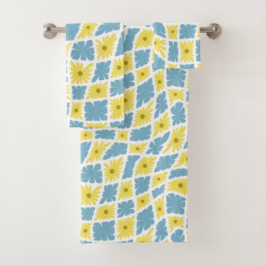 Groovy波形60sトリップ（幻覚体験）のようなフラワーチェック黄色の青 バスタオルセット (インサイチュ)