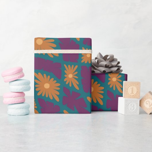 Groovy波形60sトリップ（幻覚体験）のようなフラワーチェックOrange Pink ラッピングペーパー (ベビーシャワー)