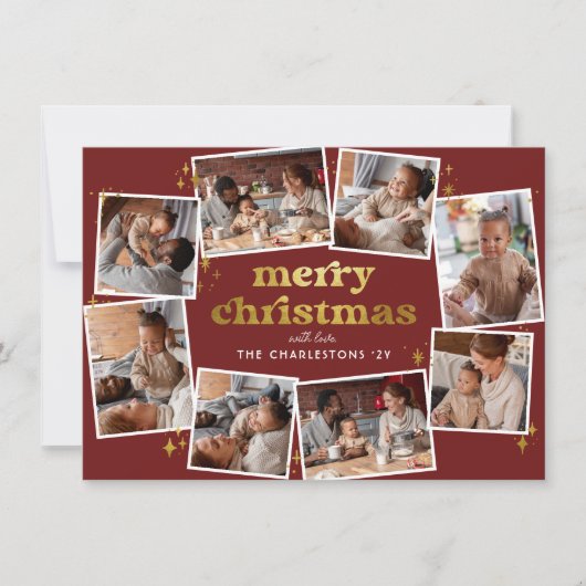 Groovy赤&金ゴールドメリークリスマス8フォトコラージュ シーズンカード (正面)