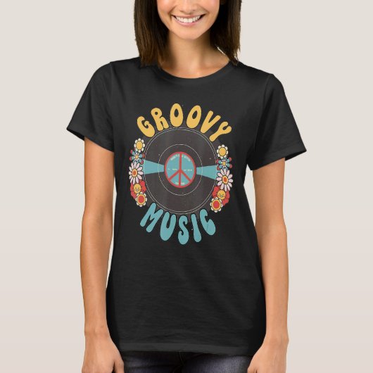 Groovy音楽ピースサイン花女の子の女性 Tシャツ (正面)